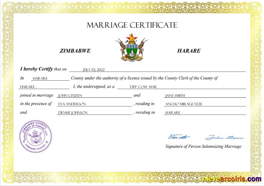 Zimbabwe marriage certificate